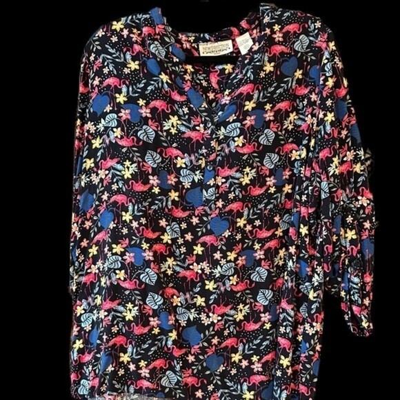 New Direction Woman Long Sleeve Button Blouse Floral & Flamingo Pattern 2X - Picture 3 of 7